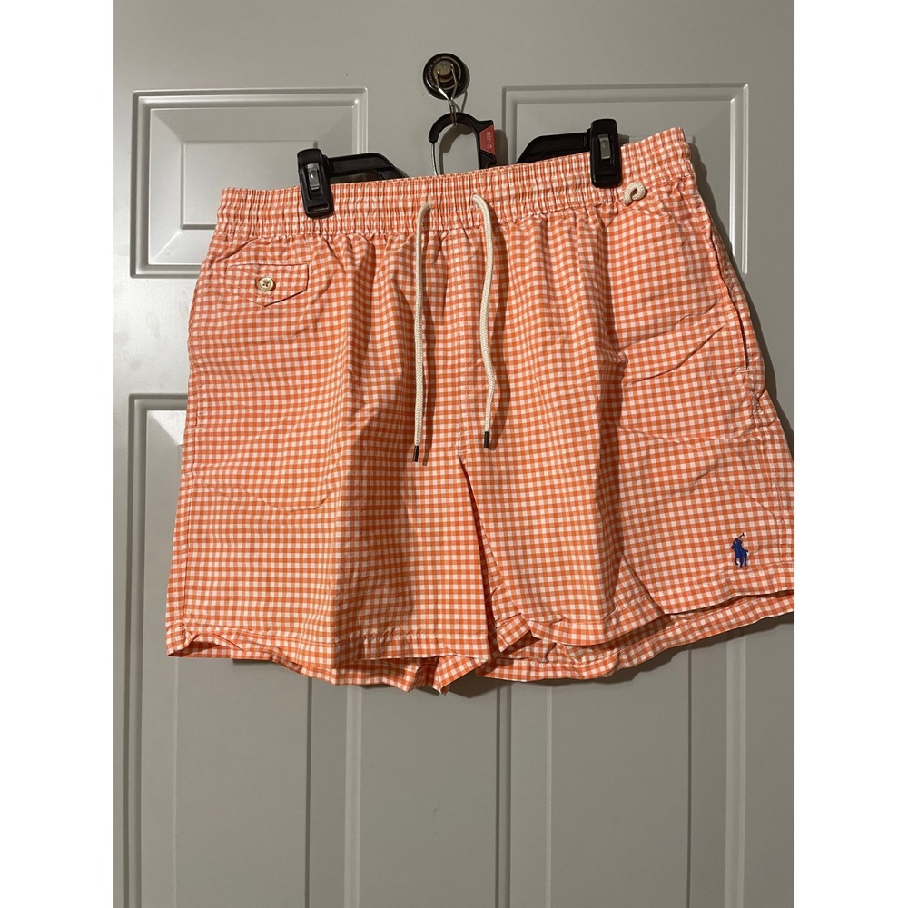 Polo Ralph Lauren Swim Trunks Mens XL Orange Gingham Excellent 5 Inch Inseam